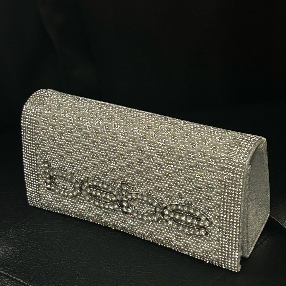 Bebe Rhinestone Embellished Silver Clutch